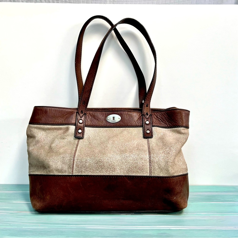Fossil Leather and Bronze Metallic Satchel